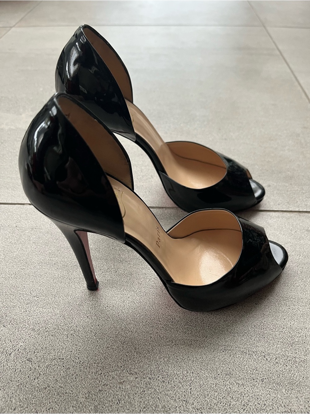 Christian Louboutin Black Patent D'Orsay Open-Toe Stiletto Pumps